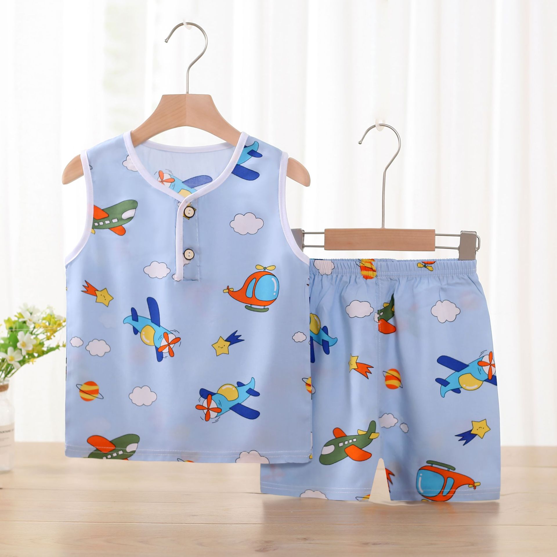 Children's Summer Cotton Silk Vest Suit Boys and Girls Cartoon Sleeveless Base Shorts Homewear Summer Baby Suit