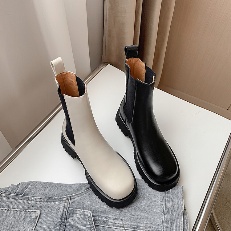 拼色松紧带头层牛皮中筒靴女2023秋冬季新款裸靴方头防水台厚底靴