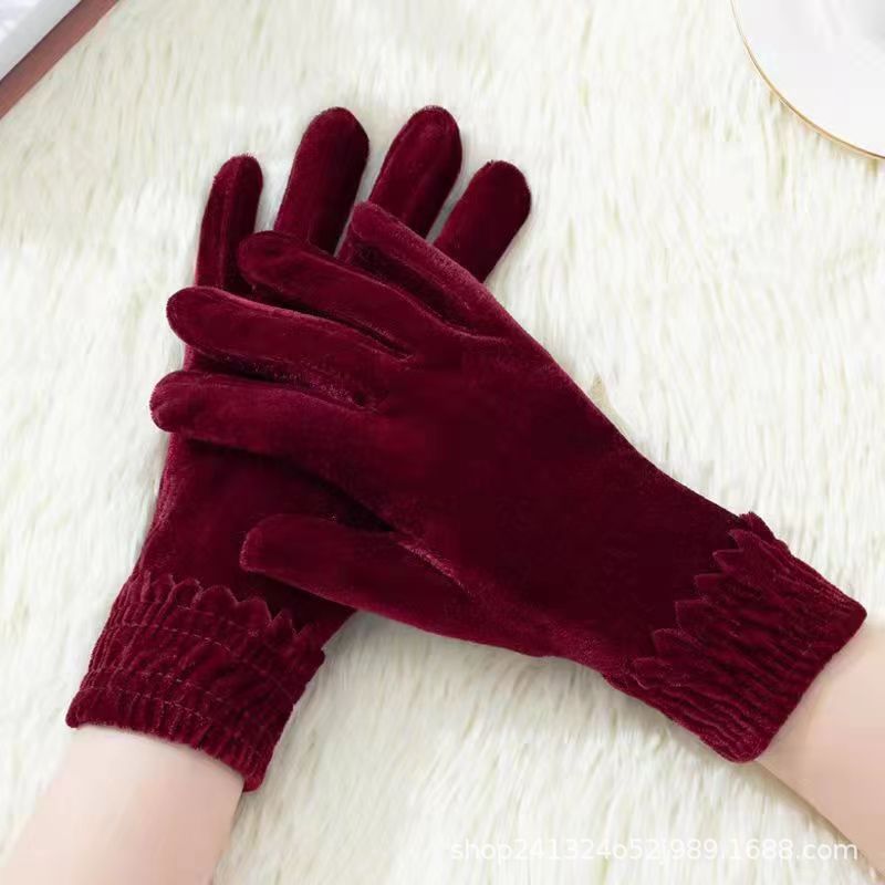 Gold Velvet Elastic Screw Type Gloves Multi-Color Women's Fashion Etiquette Cycling Cold Protection Autumn and Winter Warm Handmade