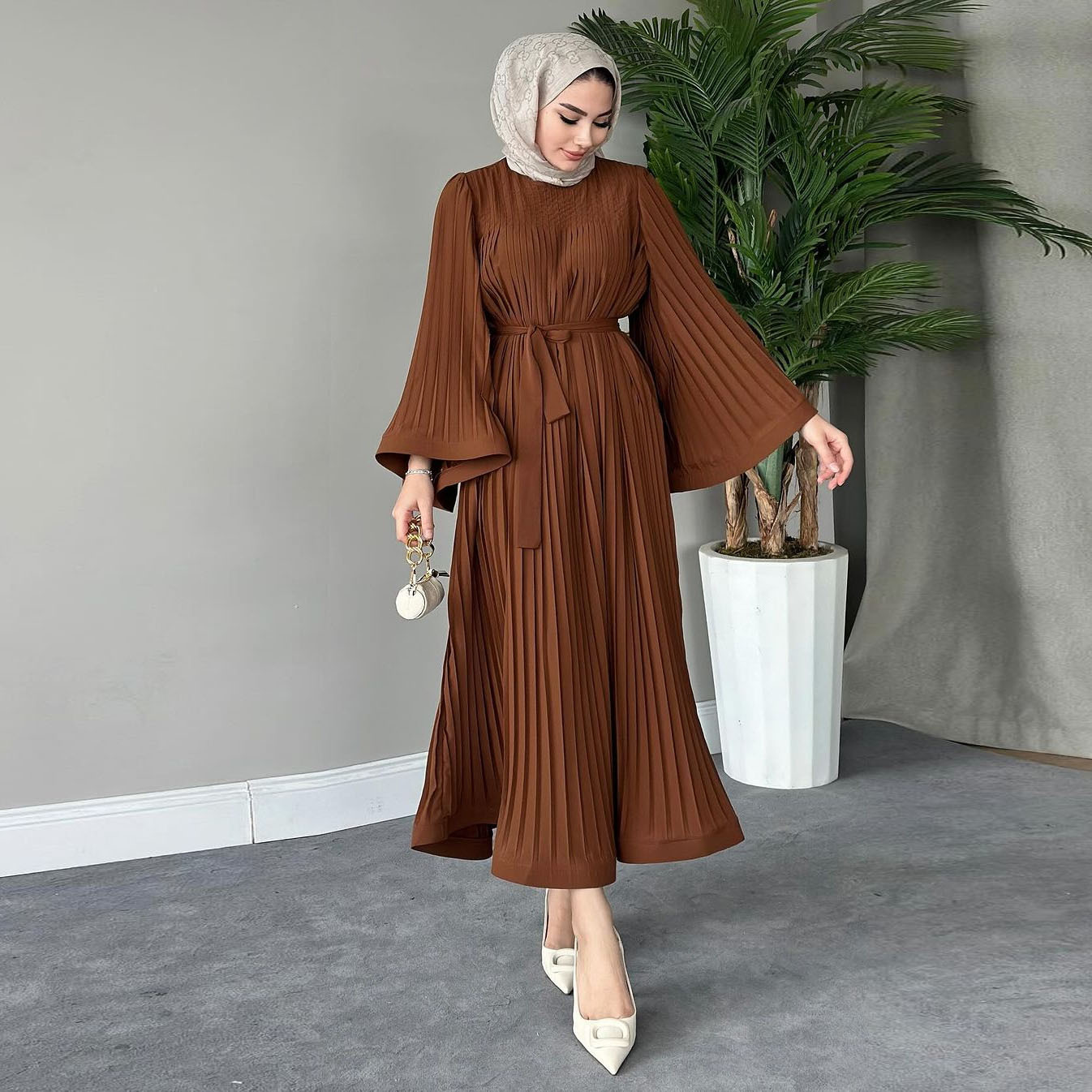 欧美外贸女装2024新款时尚三宅风系带百褶裙宽松法式高级感连衣裙