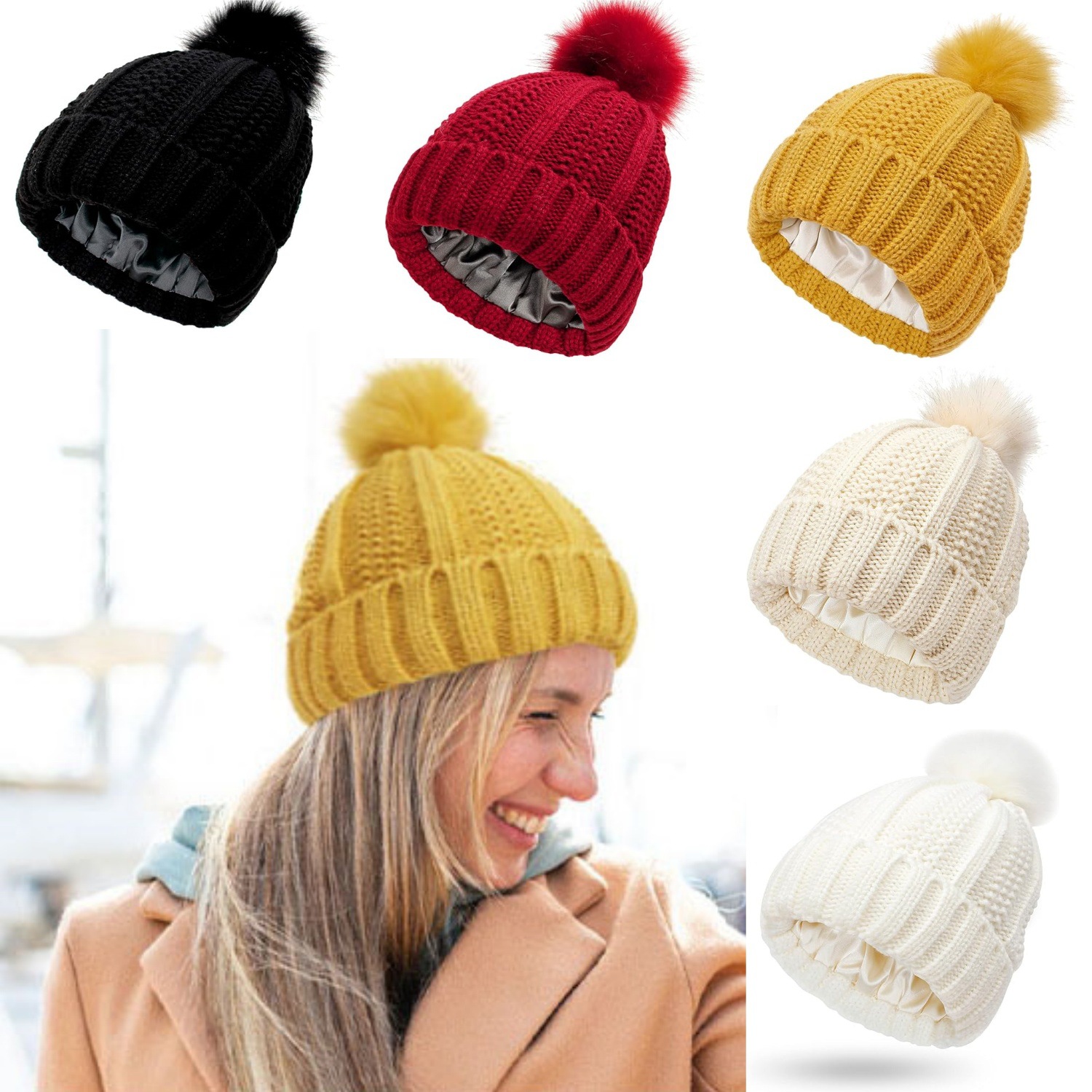 跨境冬季新款玉米粒毛线帽防风保暖缎面内里针织毛球帽可拆卸帽子