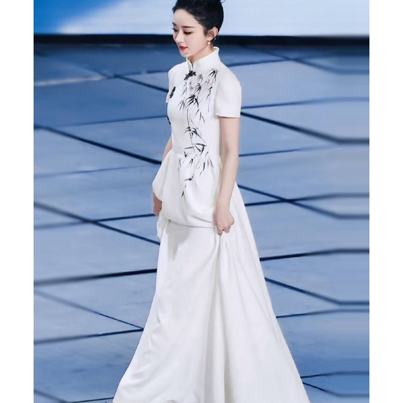 赵丽颖 明星同款 中国风竹子水墨印花长裙白色复古文艺旗袍连衣裙