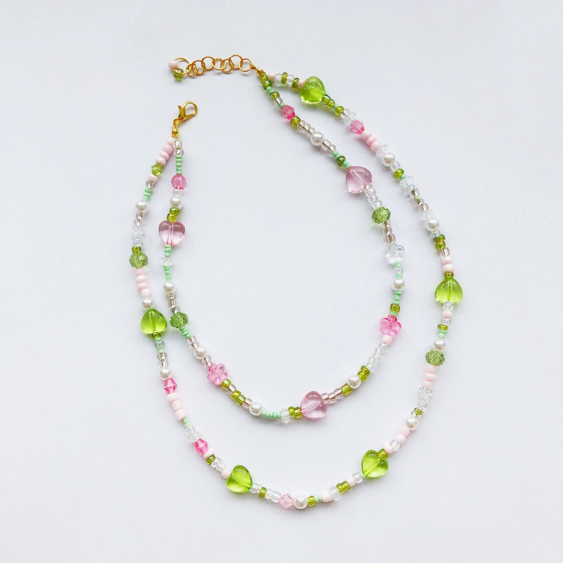 外网跨境 双层彩色心形串珠项链爱心米珠颈链女士潮流手工锁骨链