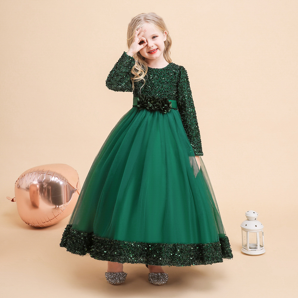 亚马逊新款儿童礼服 公主裙女孩长款亮片连衣裙圣诞节