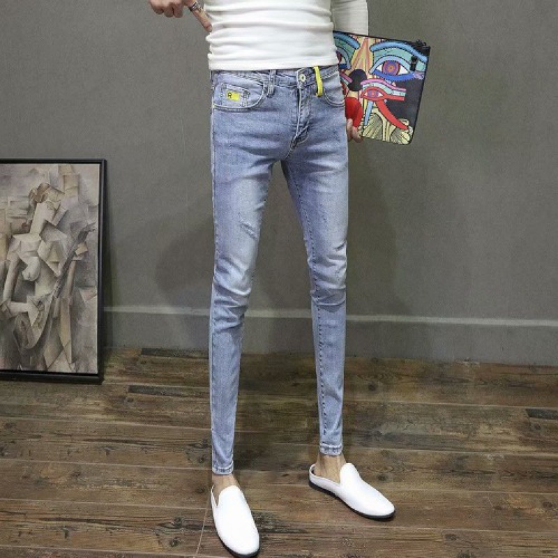 浅色弹力牛仔裤男韩版显瘦紧身小脚裤社会精神小伙潮流九分休闲裤