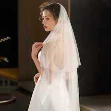 法式重工珍珠头纱跟妆旅拍照新娘结婚头饰白色双层带发梳头纱