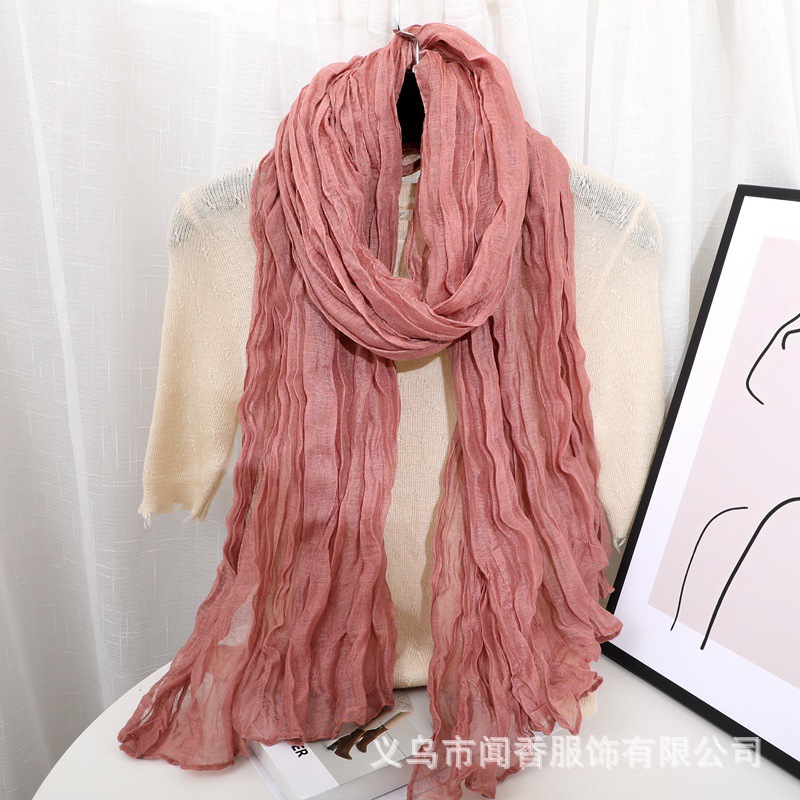 Solid Color Crumpled Cotton and Linen Scarf Women's Keep Warm and Windproof in Winter Cold-Proof Scarf Temperament Western Style All-Match Sunscreen Shawl