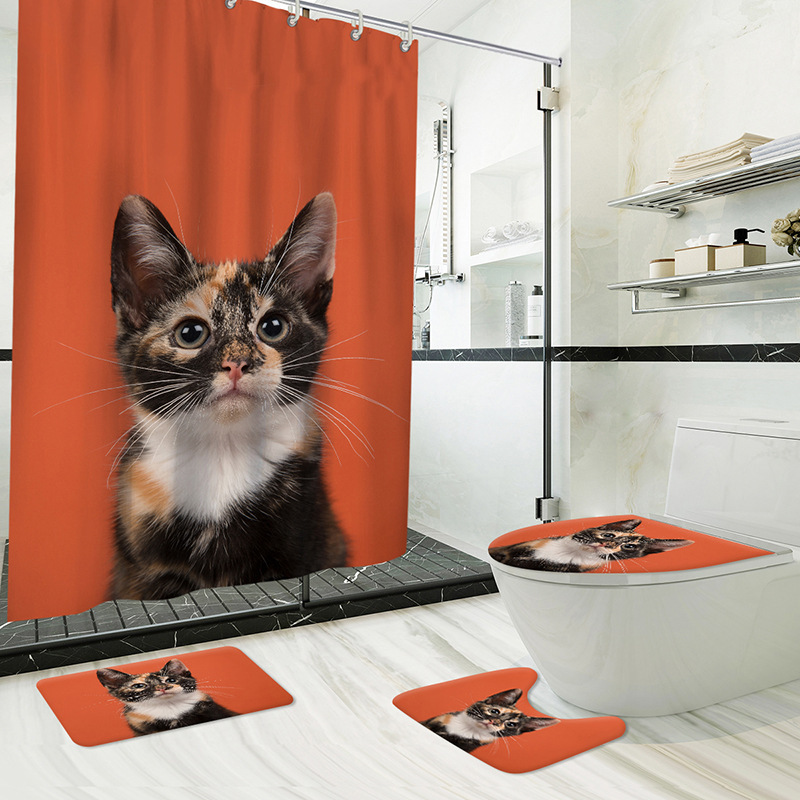 2023 New Hot Sale Animal Printing Shower Curtain Four-Piece Set Cute Cat Pattern Printing Polyester Waterproof Shower Curtain