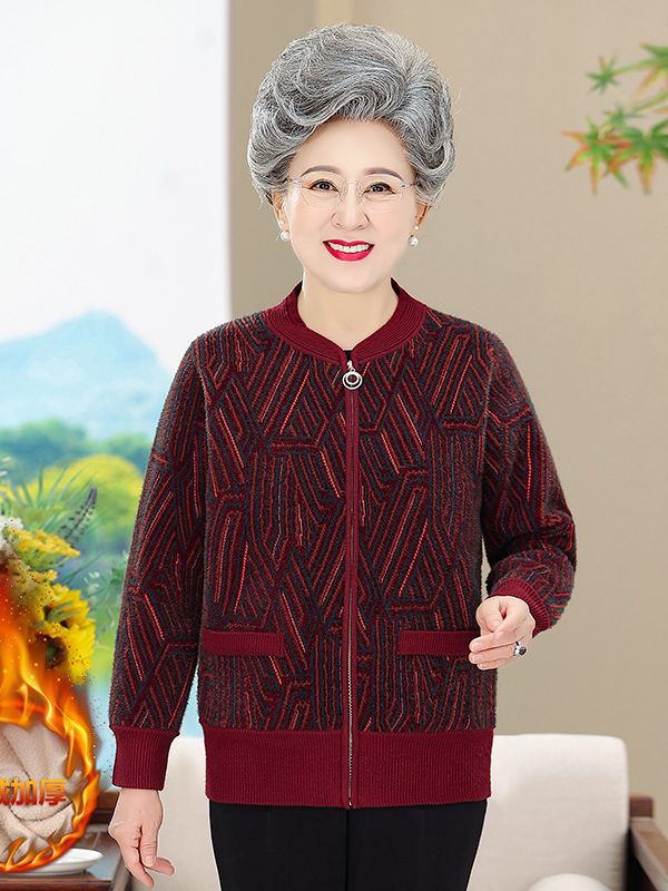 中老年人春秋款外套女加绒奶奶毛衣开衫妈妈针织衫老太太衣服冬装