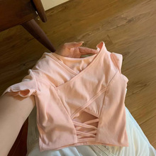 新款辣妹修身短款显瘦露背带胸垫设计感百搭上衣粉色短袖t恤女潮
