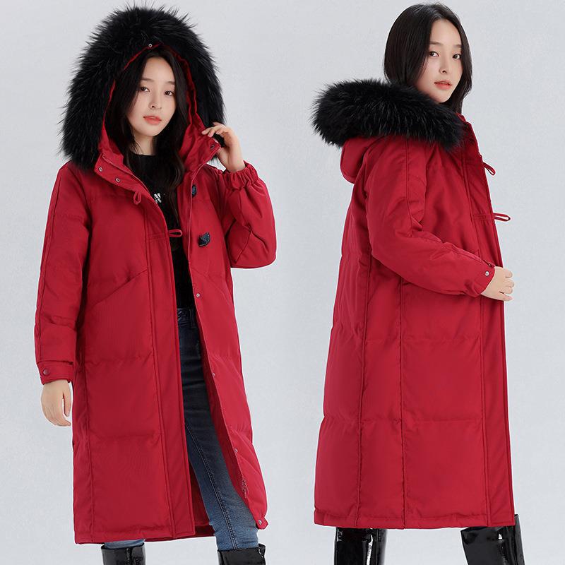 羽绒服女中长款白鸭绒时尚过盘扣大毛领2021新款冬装宽松羽绒外套