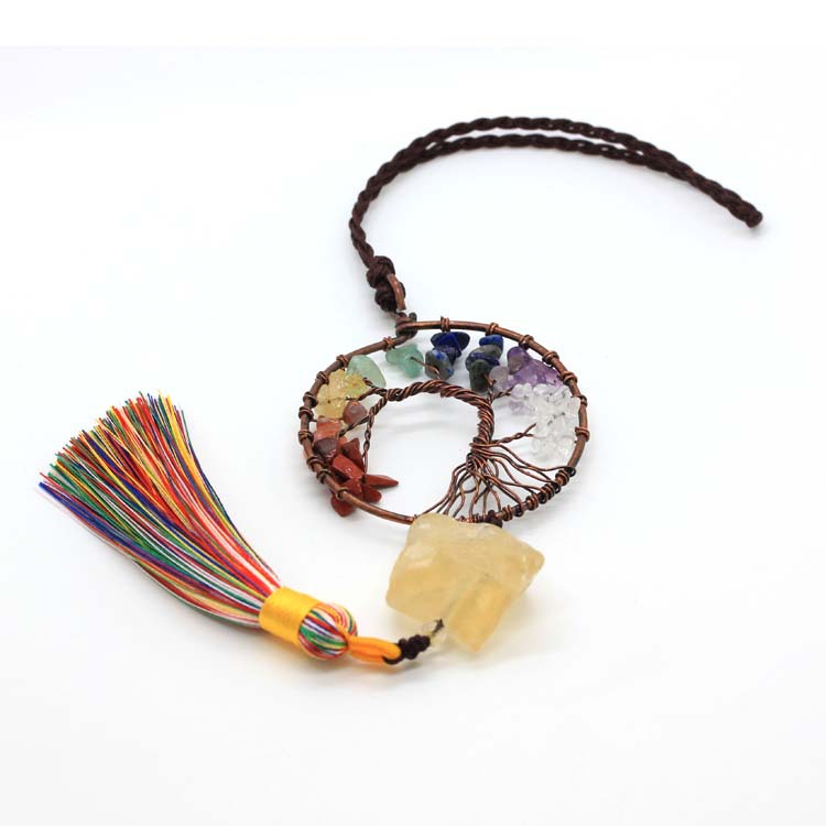 新品碎石绕线生命树圆形挂件 水晶石流苏车挂编织发财树汽车车饰