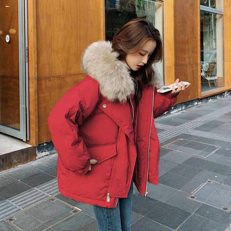 红色羽绒服女短款2023年新款冬季韩版大毛领小个子加厚羽绒外套潮