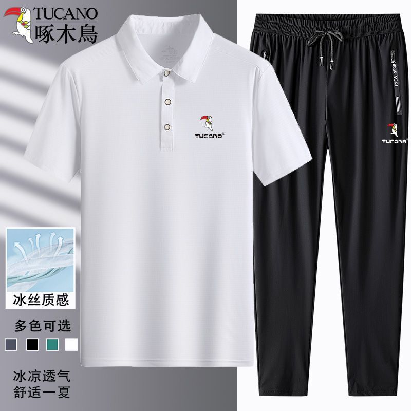 夏季速干啄木鸟冰丝运动套装短袖t恤中老年男装夏季高档男运动装