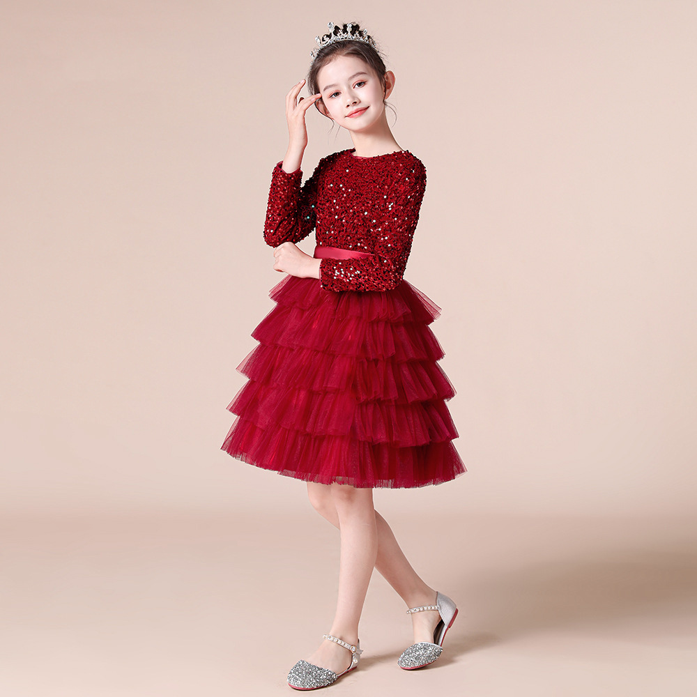 欧美儿童生日礼服长袖主持人比赛公主蓬蓬纱裙速卖通跨境女童礼服