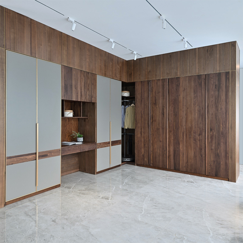 储物柜卧室柜子北欧轻奢大衣橱全屋定制黑胡桃木转角衣柜原木家具