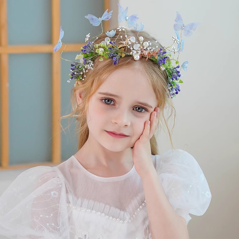 跨境热销花环头饰儿童蓝色蝴蝶森系头花朵发箍女童公主小女孩发饰