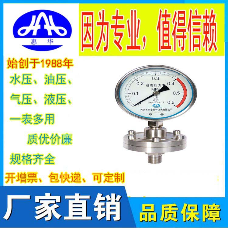 惠华特种仪表 真空隔膜压力表100mm接口材质不锈钢量程-0.04~0KPa