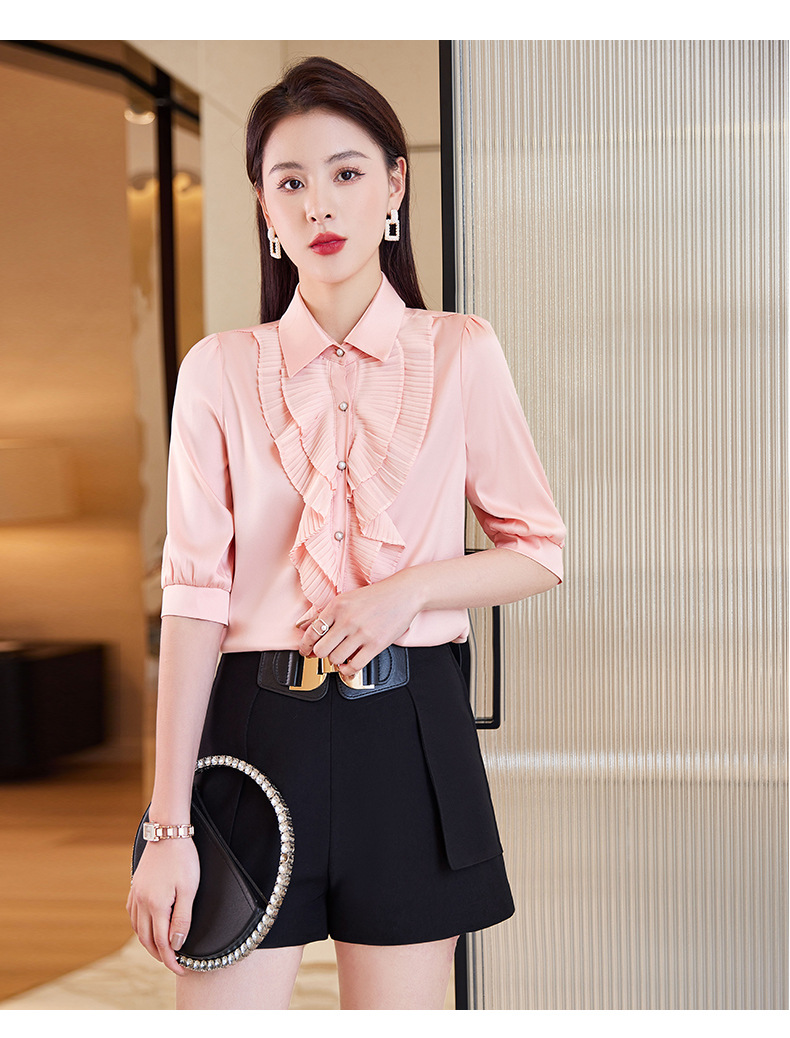 中袖白衬衫女职业通勤装时尚优雅小开衫工作服泡泡袖木耳花边衬衣