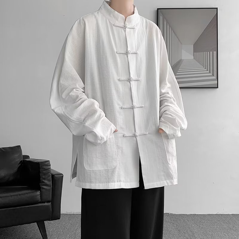 新中式男装亚麻长袖衬衫男夏季民国风汉服长衫外套中山装马褂唐装