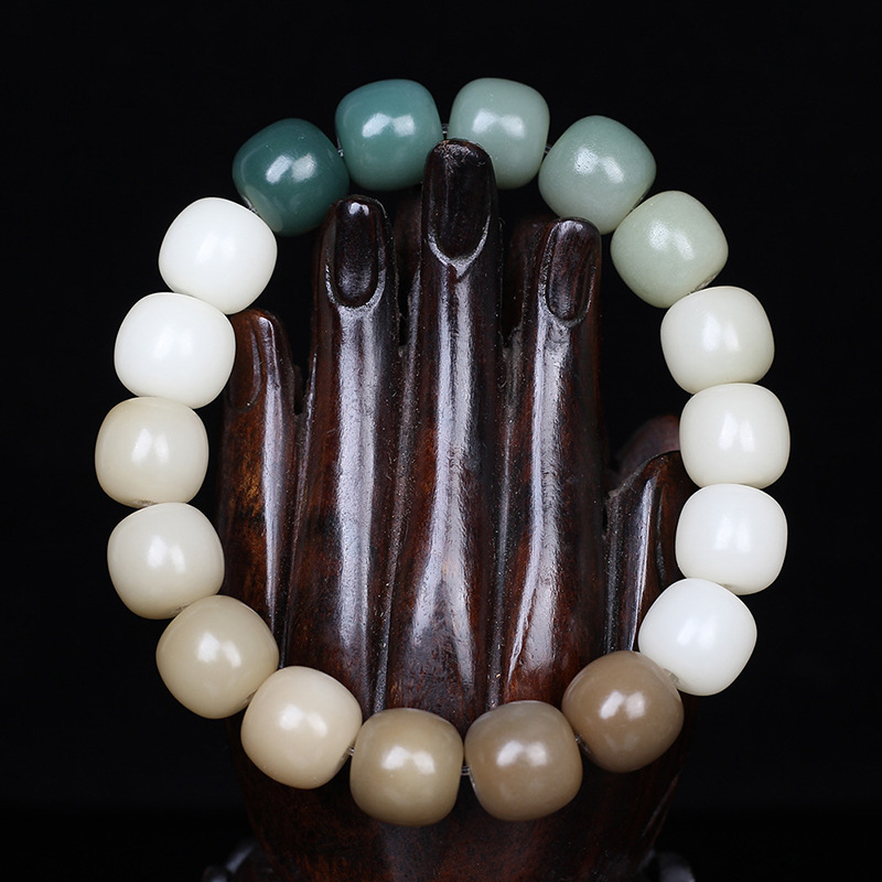 Gradient Greenery Leather White Jade Bodhi Root Bracelet Bodhi Seed Handheld Men and Women Pliable Temperament Hand Toy Buddha Beads Collectables-Autograph Bracelet