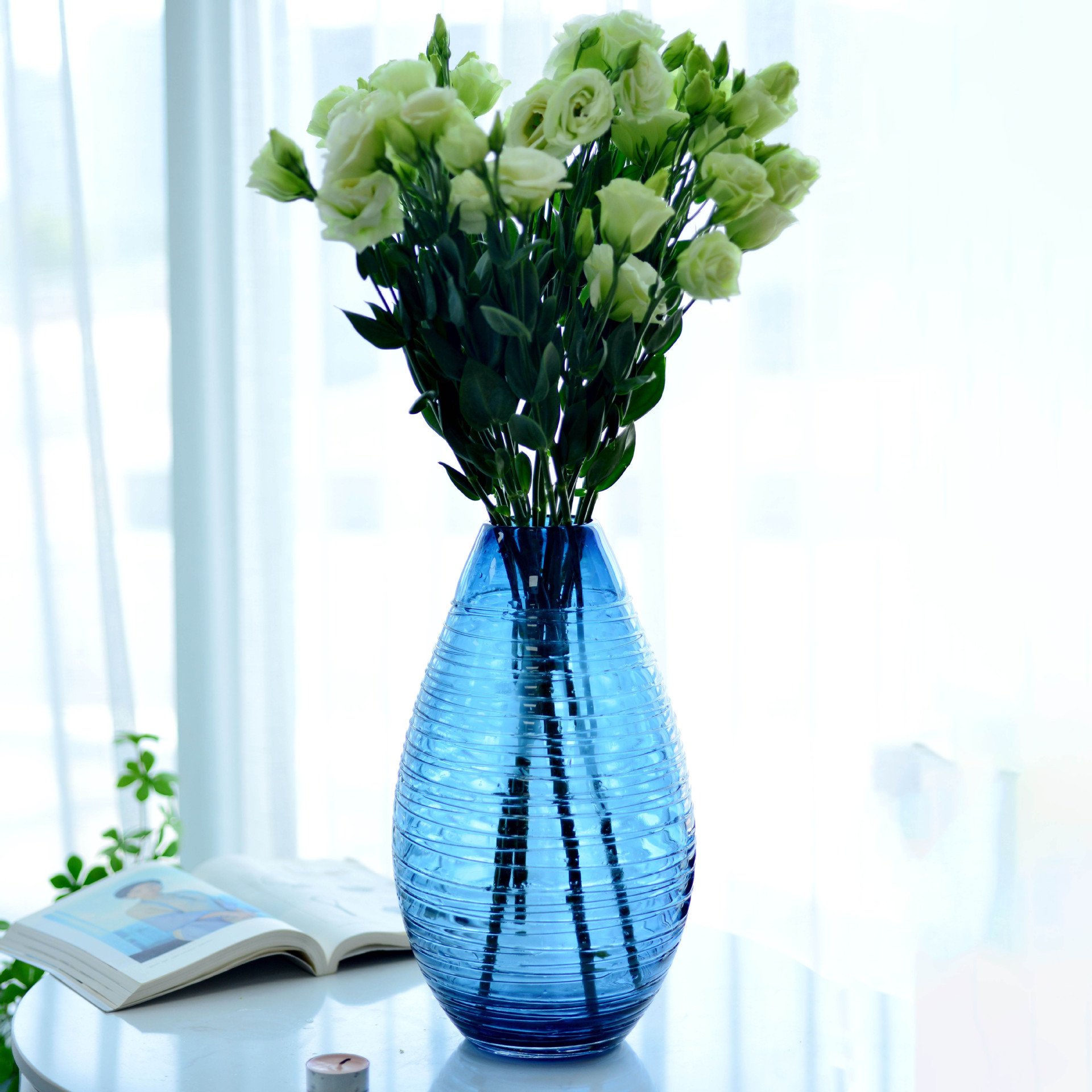 蓝色系列手工玻璃花瓶 客厅装饰花瓶 椭圆玻璃花器家居工艺品花瓶