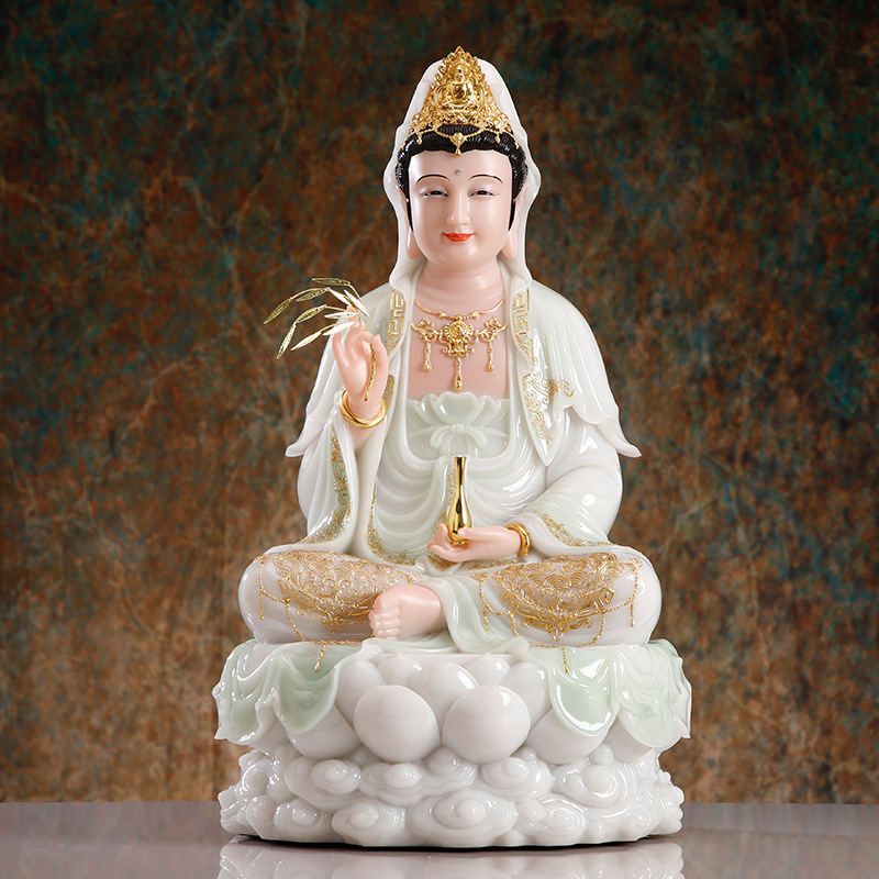 厂家直供汉白玉笑眼观音菩萨批发居家全堂佛摆件观世音娑婆三圣