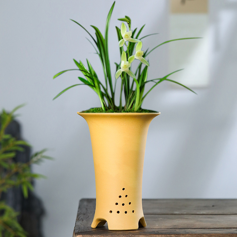 宜兴紫砂花盆陶瓷兰花盆精品手工束腰大口径春惠建寒兰悬崖专用盆