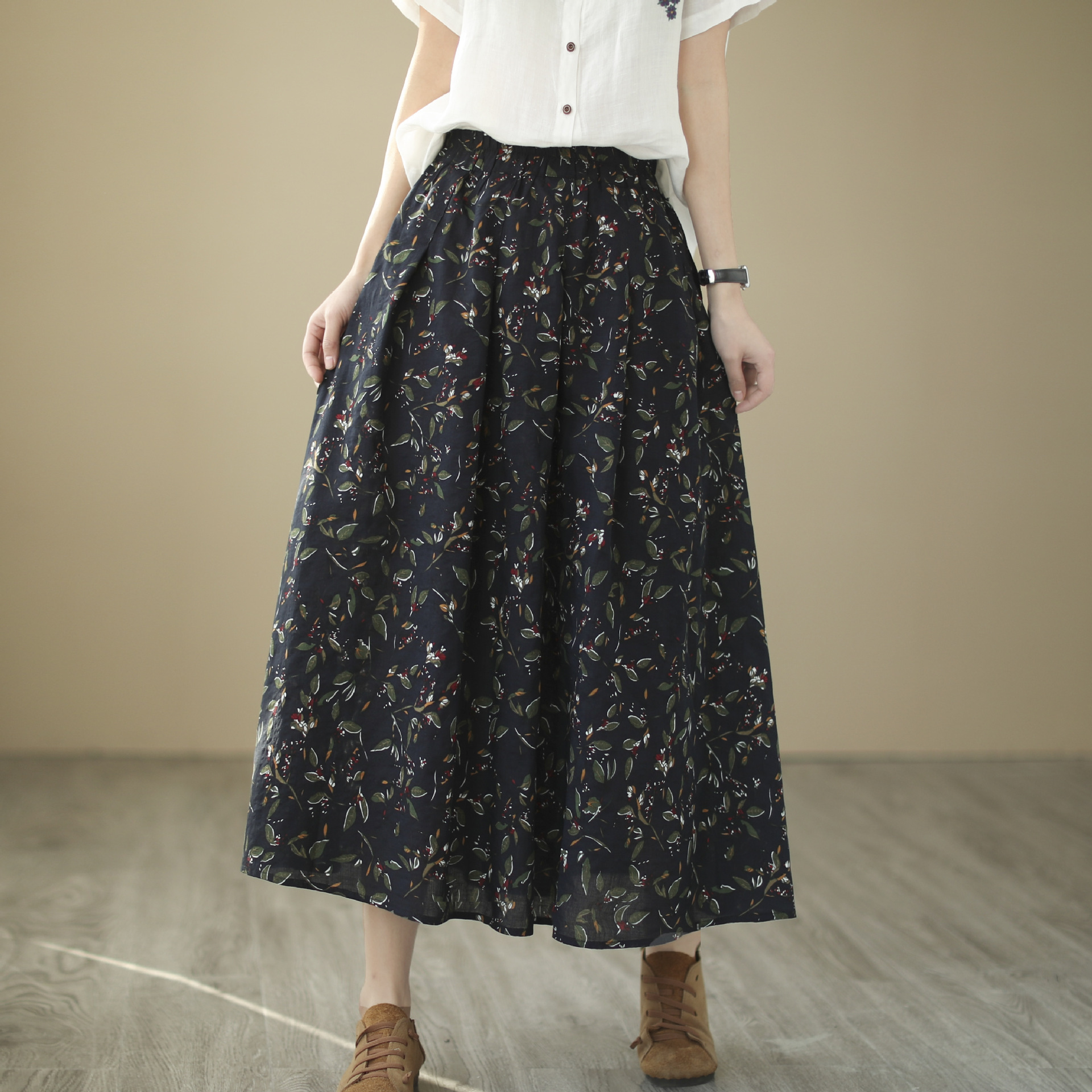 复古休闲松紧腰大摆裙女士2022春季新款文艺中长款棉麻半身裙4367