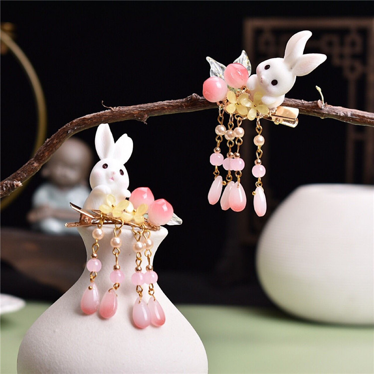 儿童古风头饰中秋桃子兔发夹可爱小兔子花朵流苏发夹女童汉服配饰