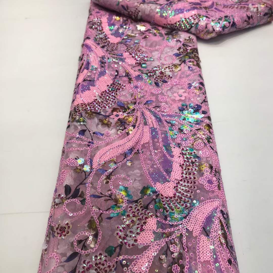 非洲多色珠片叠片蕾丝绣花布民族风旅拍服装婚纱连衣裙面料mn2363