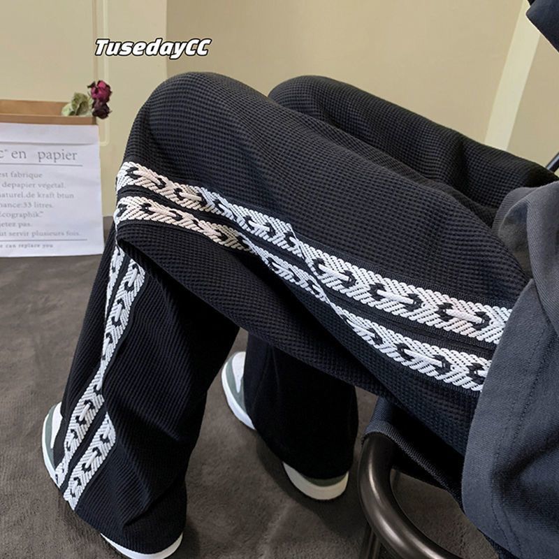 American High Street Waffle Pants Men's Spring and Autumn Fashion Brand Sweatpants Men's Loose Straight Wide Leg Casual Trousers