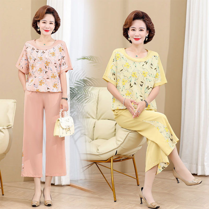 妈妈装夏款时尚套装上衣40岁50中老年女夏装气质大码宽松短袖t恤