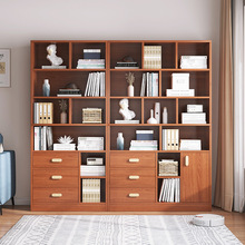 客厅书柜一体整墙沙发旁储物柜实木色书架书房新中式满墙展示柜子