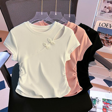 新中式国风短袖T恤女夏季款设计感小众休闲收腰盘扣短款上衣批发