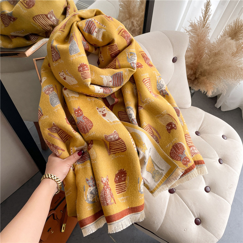 2022 Autumn and Winter New Cute Cartoon Kitty Scarf Female Student Cashmere-like Scarf Air Conditioning Shawl Female Outer Wear