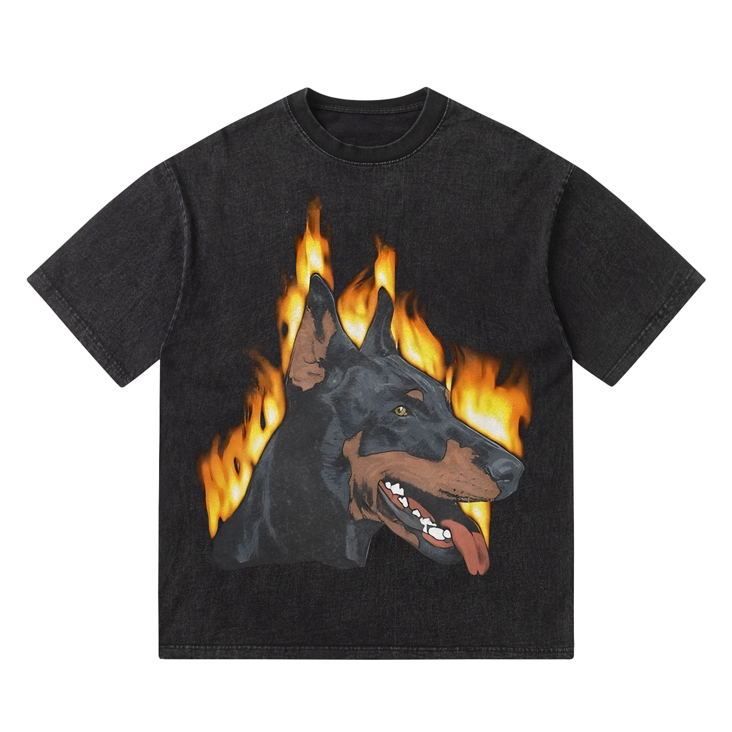 2024欧美高街火焰狗头杜宾犬印花短袖t恤男女oversize嘻哈半袖tee
