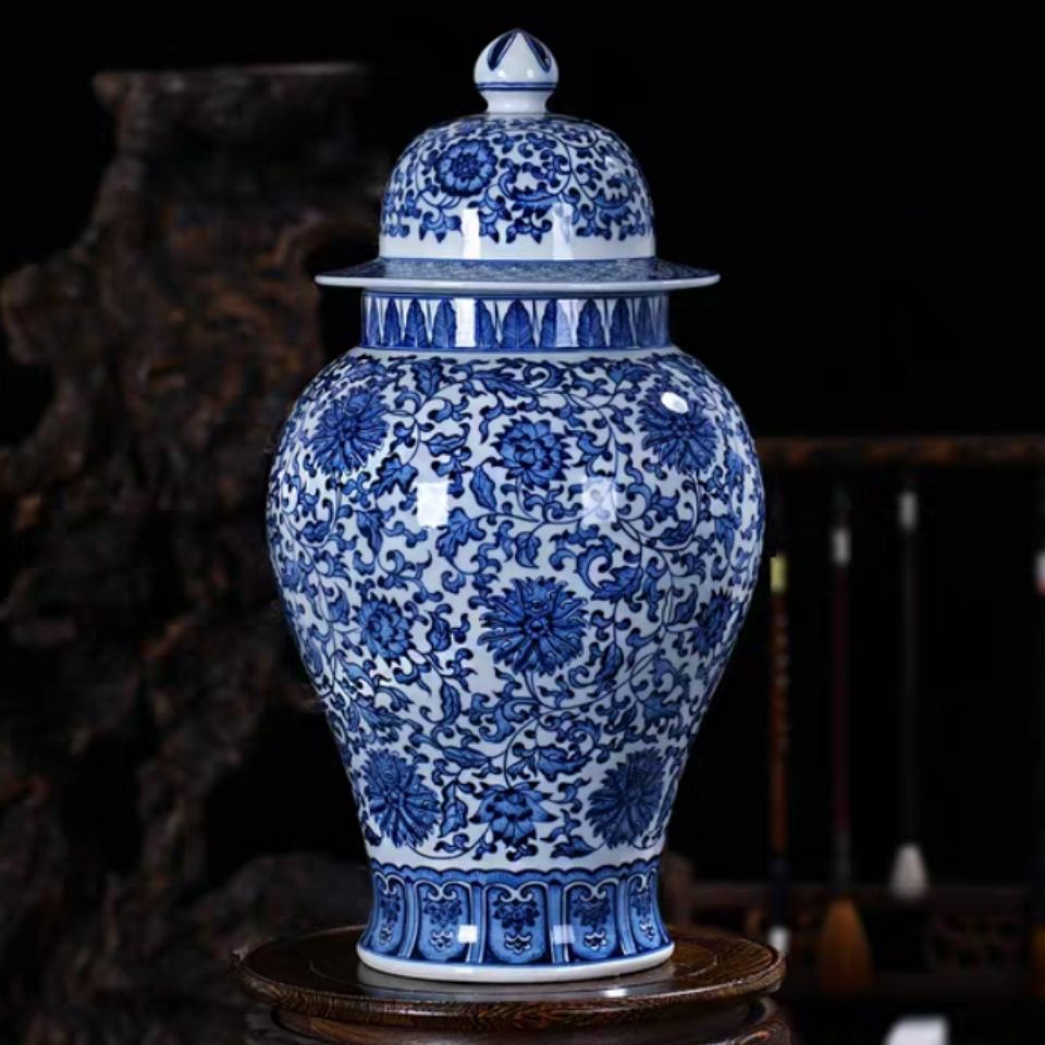 景德镇手工绘将军罐陶瓷花瓶青花瓷器仿古客厅家居装饰品中式摆件