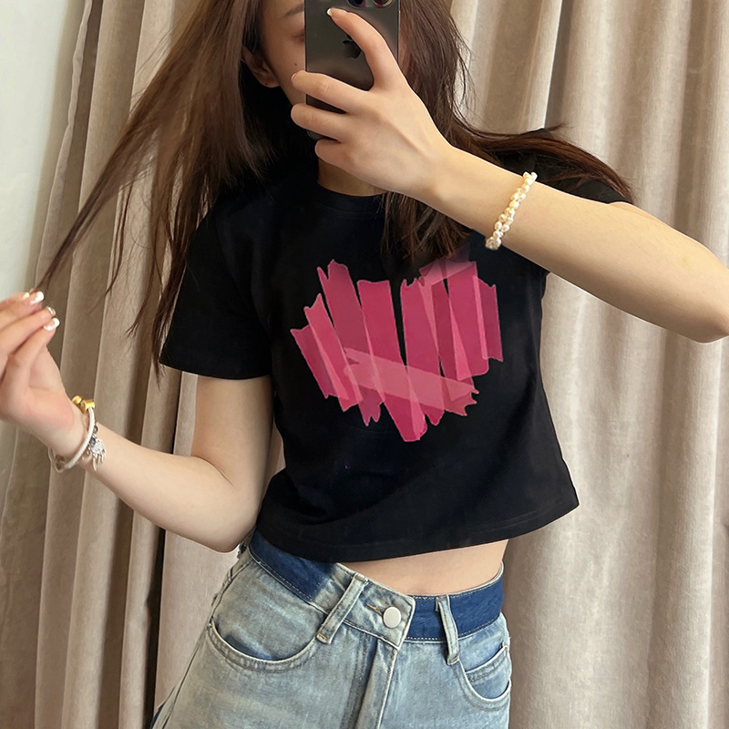 2023 New Cotton Shoulder Short T-shirt Women's Summer Design Short Sleeve Loose White High-Waist T-shirt Top