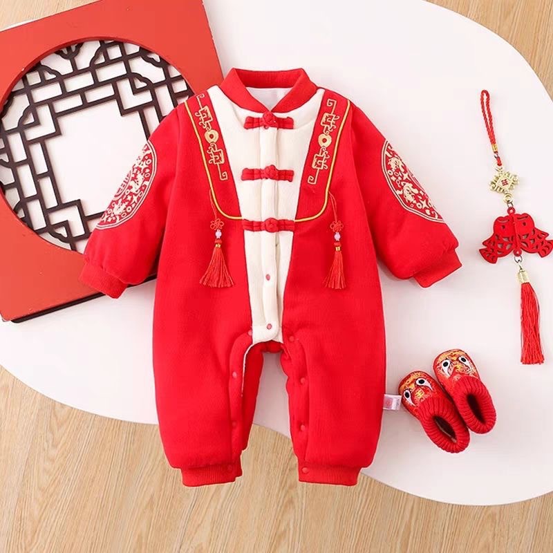 婴儿过年衣服冬季加绒连体衣宝宝唐装拜年服哈衣百天周岁抓周礼服