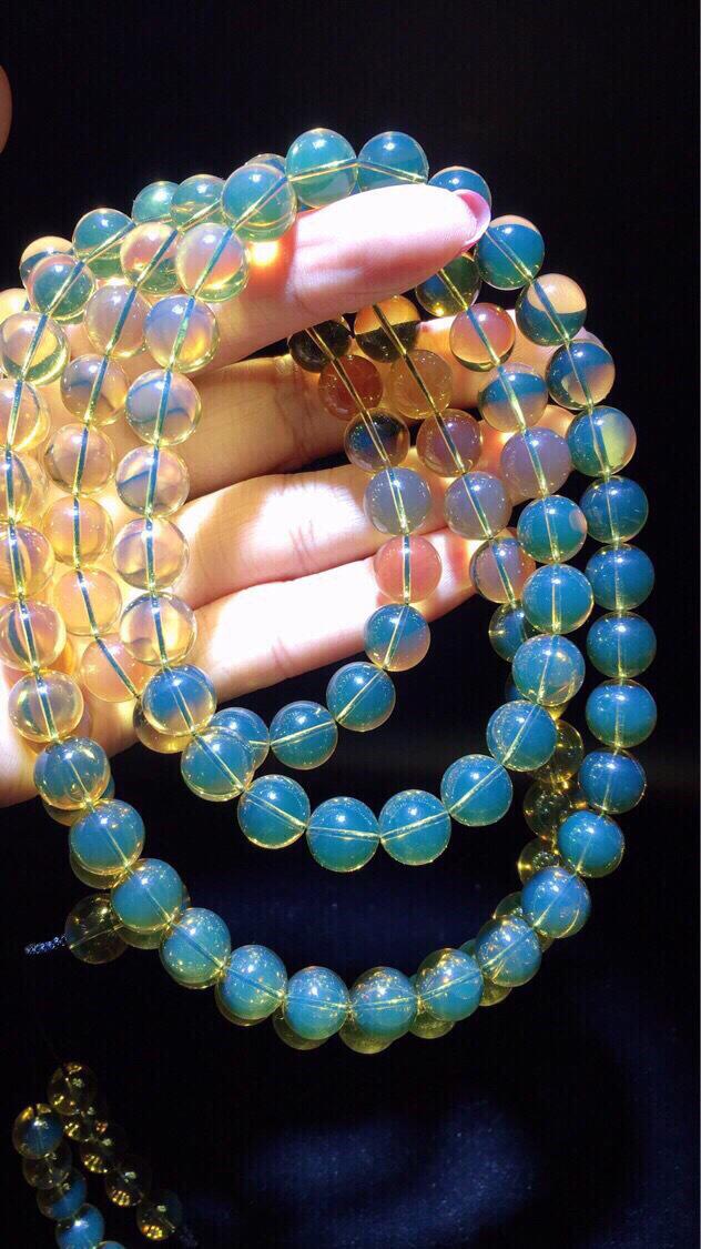 天然5a级净水高蓝墨西哥蓝珀108手链如泉水般清润透亮