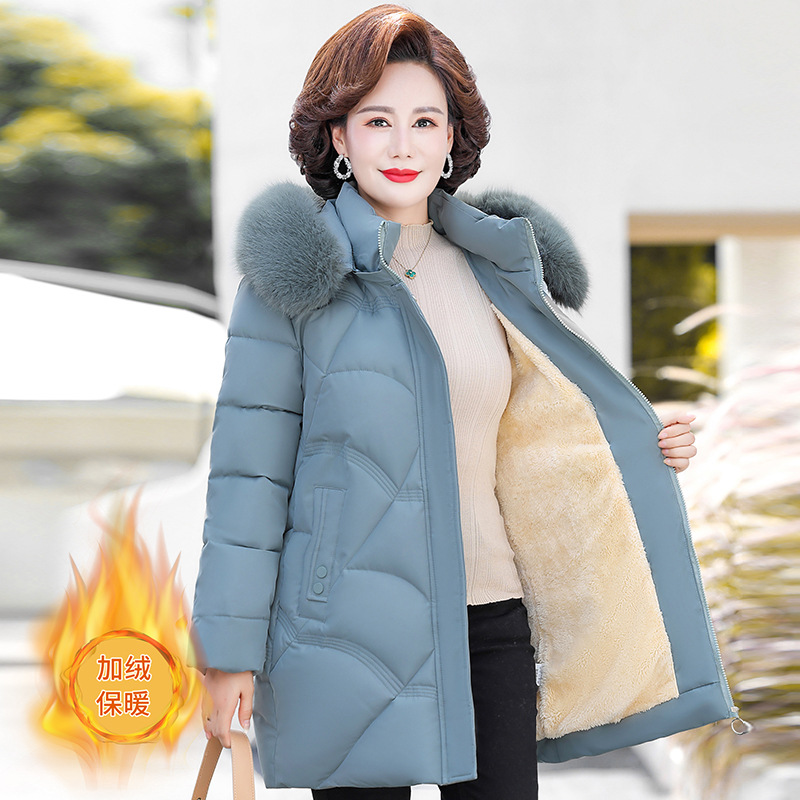 中年妈妈羽绒棉服女中长款新款优雅冬装中老年加绒加厚保暖外套女