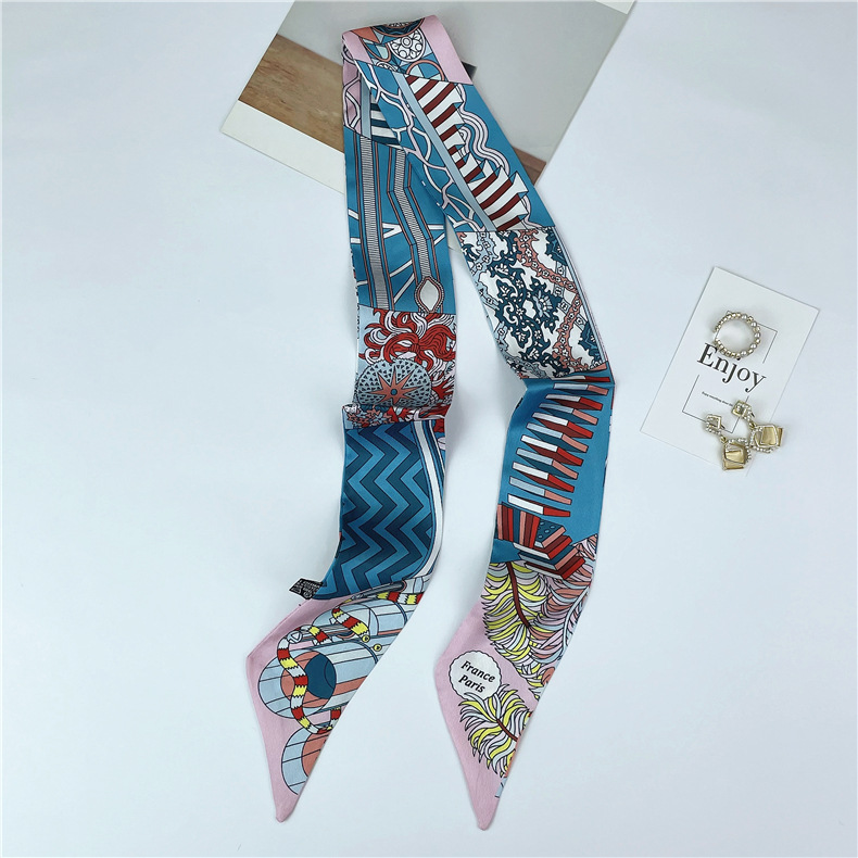 New Ethnic Style Color Matching Emulation Silk Scarf Women's Spring and Autumn Long Scarf Tie Bag Ribbon Thin Narrow Tie Hair Scarf
