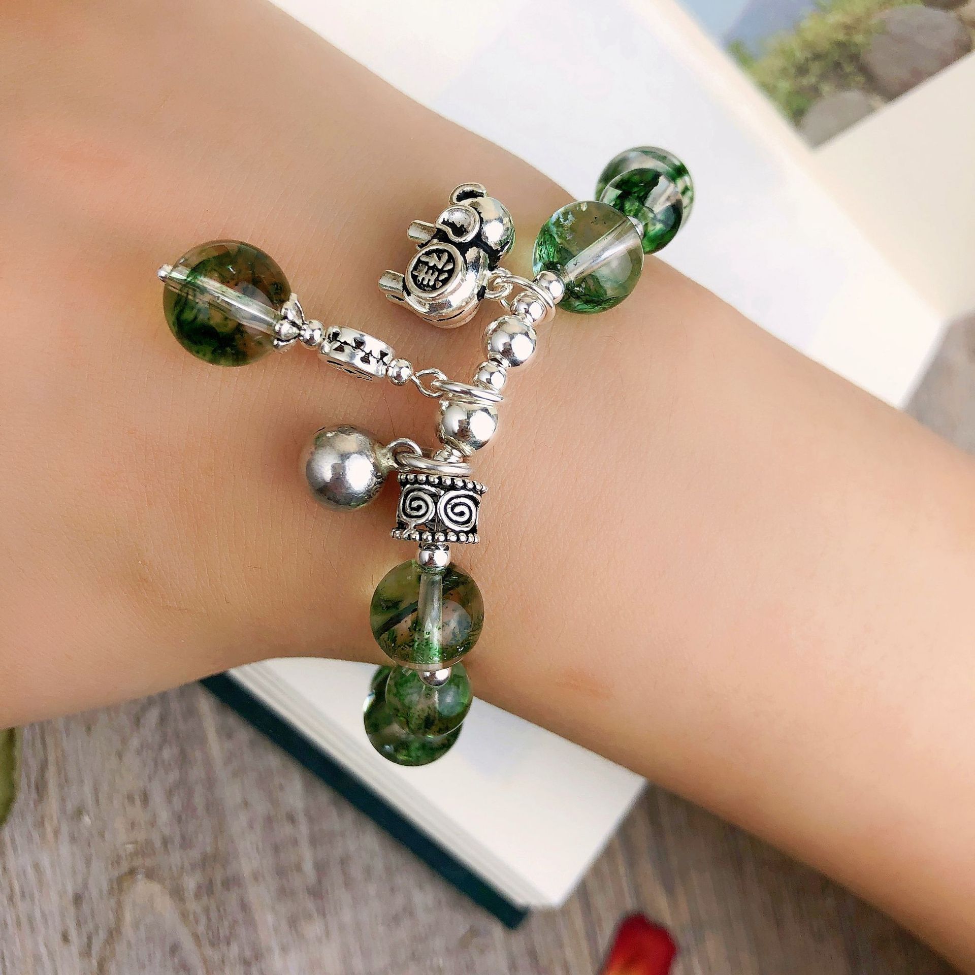 新款凤羽幽灵单圈手链女s925银大象吊坠个性气质显白手工diy手串