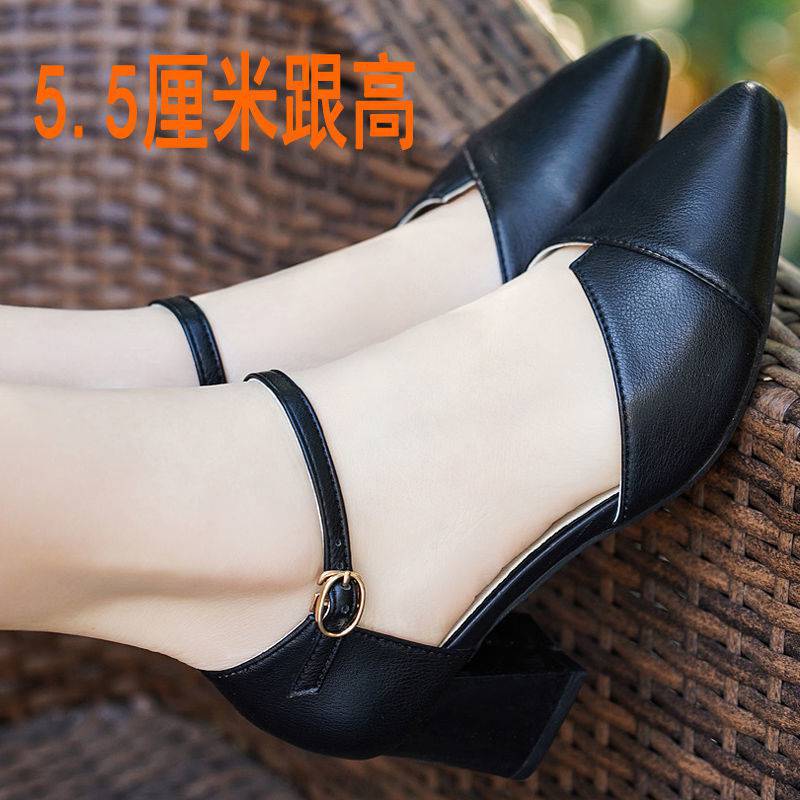 Genuine Leather Closed Toe Sandals Women's Mid Heel 2023 New Leather Shoes Women's Summer Ankle-Strap High Heels Chunky Heel Soft Bottom Women's Shoes