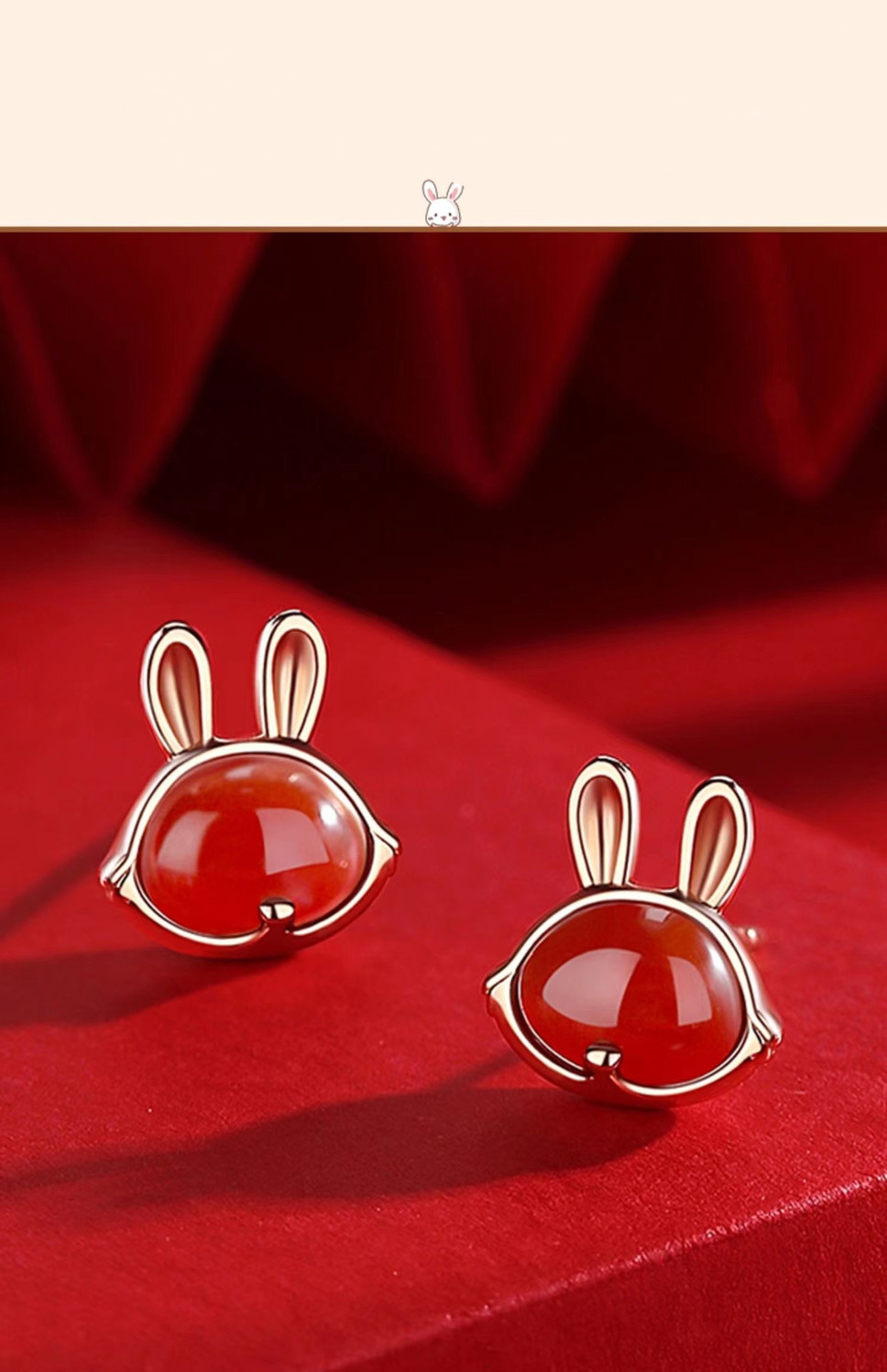 s925纯银可爱本命年红玉髓小兔子耳钉女生肖兔耳环萌系气质耳饰潮