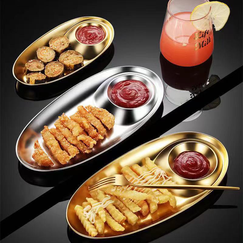 304 Stainless Steel Plate Korean Snack Side Dish Plate Dumpling Plate Oval Disk French Fries Dish Sushi Dim Sum Plate Sauce Plate