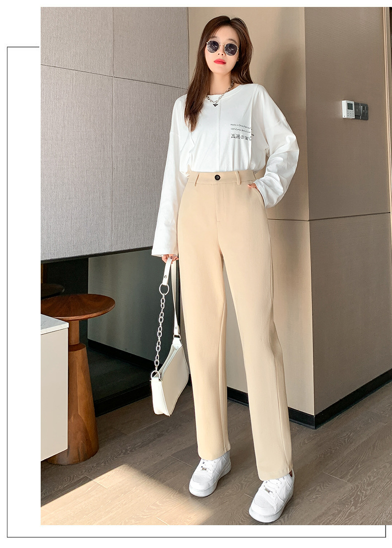 2022春秋新款米色毛呢坠感阔腿裤女宽松裤子直筒呢子高腰休闲长裤