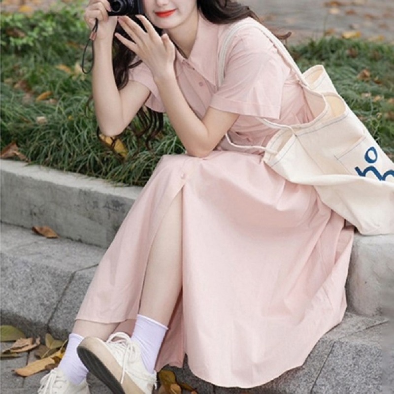 Tea Break French Pink Polo Collar Short Sleeve Shirt Dress Women‘s Summer Split Mid-Length Dress Gentle Dress 