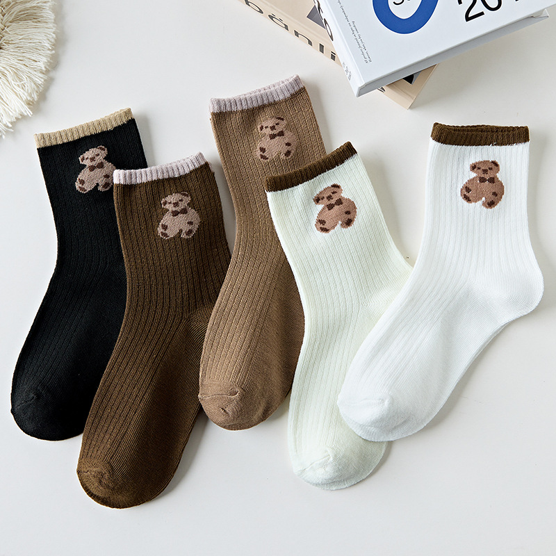 Coffee Color Socks for Women Spring/Summer Ins Trendy Tube Socks Cute Bear Japanese Girl Stockings Women's Sports Students' Socks